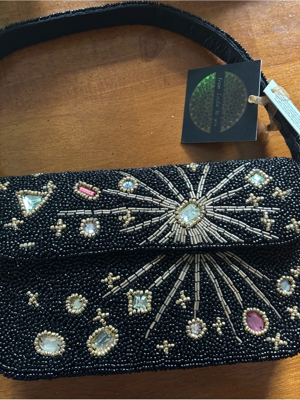 Beaded Black Starburst Shoulder Bag with Crystal Accents by From India To You